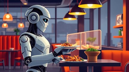 Robot waiter serves food in cafe.