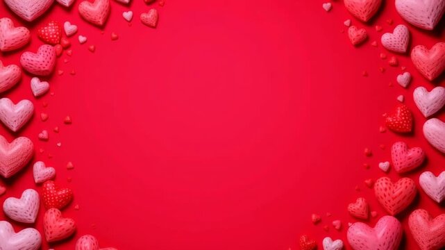 Frame of hearts on red background. Romantic background of different textured hearts on edges. March 8, Valentine's Day. Looping pink love background. 4k, 60fps.