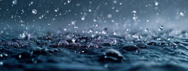 Rain drops splashing on dark water surface