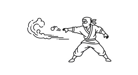 Dynamic line art ninja throwing object with motion effect.