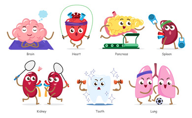 Set of various healthy human internal organs cartoon illustration including brain, heart, pancreas, spleen, kidney, tooth and lung . Exercise sports and fitness concept . Vector .