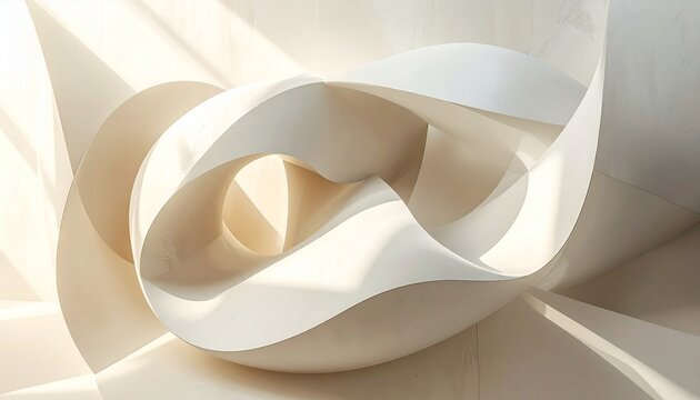 Abstract geometric design with interlocking shapes in soft neutral tones, highlighted by natural shadows and smooth polished textures