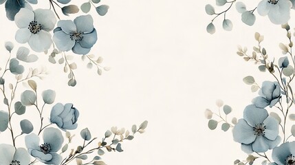 19.A delicate watercolor design featuring hand-painted dusty blue flowers and eucalyptus branches, set within elegant vector borders. The soft hues of the flowers and foliage evoke a sense of calm