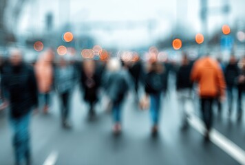 Blurred street scene people walking on the road with bokeh lights, focusing on movement and urban atmosphere on a day with cool tones