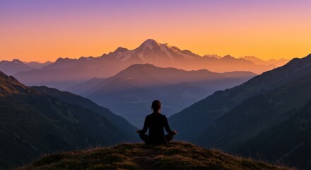 Fototapeta premium Realistic meditation silhouette in front of large panoramic window with natural landscape view