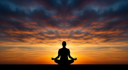 Realistic meditation silhouette in front of large panoramic window with natural landscape view