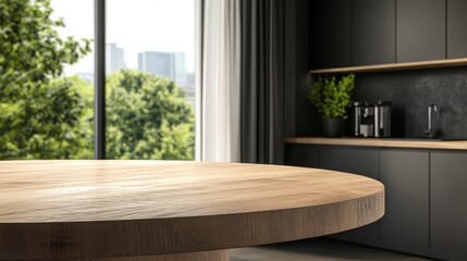 Fototapeta premium 11.A flawless round wooden tabletop counter in a modern kitchen, illuminated by natural light from large windows. The smooth surface of the wood reflects the ambient light, and the sleek lines of