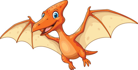 Cartoon flying pterodactyl dinosaur with open wings, cute prehistoric reptile character illustration, smiling orange creature for kids vector design.Cartoon flying pterodactyl dinosaur with ope © Creatives Sakib