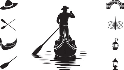 Venetian Gondolier Silhouette Navigating Canal with Oar, Hat, and Iconic City Elements © MC Creative