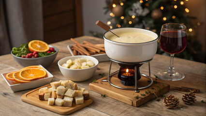 Cozy winter evening with a delicious cheese fondue set up on a table with festive christmas tree lights and a glass of red wine perfect for holiday gatherings