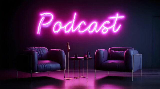 Sleek studio background featuring pink neon "Podcast" glowing in dim light, reflective surfaces add depth
