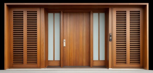 midcentury mahogany door with smart lock, weather seal, louver sections revealing polished finish.