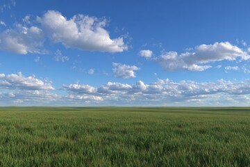 Fototapeta premium Vast expanse of a vibrant green field under a vibrant blue sky dotted with fluffy white clouds. A flat, open landscape stretches to the horizon