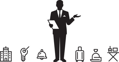 Hotel Concierge Silhouette with Amenities Icons on Transparent Backdrop Vector Art