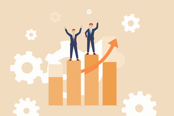Two businessmen celebrating on top of a rising bar chart with gears in the background representing success and growth