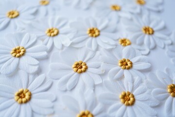 Embroidered Daisy Pattern on White Fabric - Close-up Texture