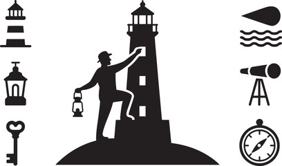 Lighthouse Keeper Silhouette with Lantern and Nautical Icons on Transparent Background