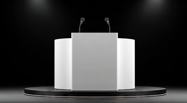A minimalist white podium with two microphones, centrally positioned on a dark circular stage, illuminated by spotlights