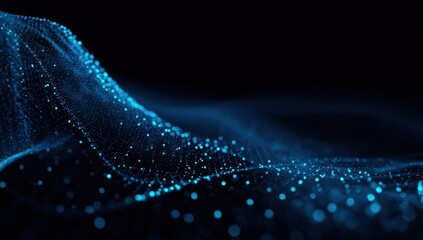 Abstract digital wave of glowing blue particles on a dark background