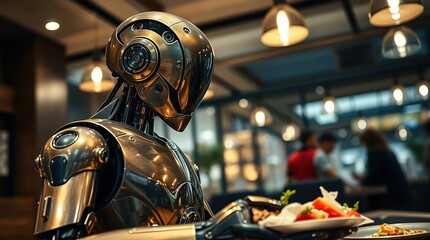 Robot waiter serves food in restaurant.