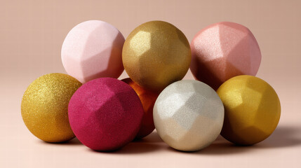 Obraz premium Festive baubles arranged for photo shoot with glittery and matte surfaces in pink gold and silver tones