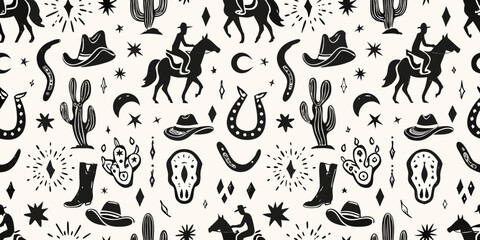 Whimsical western pattern featuring cowboys horses cacti hats boots and stars