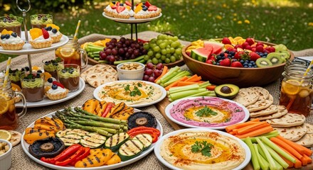 Fototapeta premium A vibrant outdoor picnic spread with colorful fruits, vegetables, dips, and desserts.
