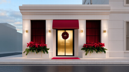 Gold door with red awning and festive garland decorates storefront, featuring vibrant red poinsettias and holiday wreath for welcoming look