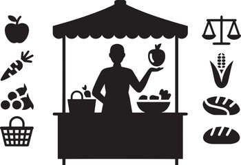 Silhouette of a Farmer at a Market Stall with Various Fruits, Vegetables, and Goods