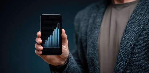Man holding phone showing an ascending bar graph, wearing a gray jacket and shirt against a dark blue background