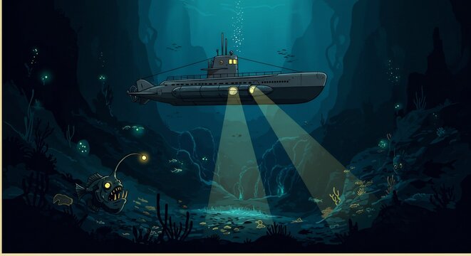 深海探査艇 幽玄な光照らす 海底探検 神秘的風景. AI Generated