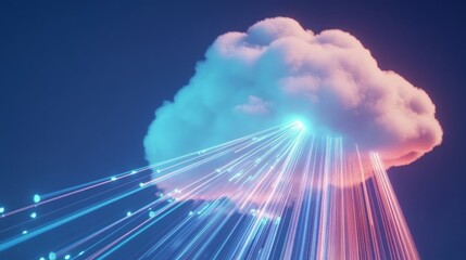 A cloud with a bright light shooting out of it. The light is blue and red