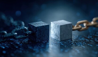 Two gray cubes, chained, on a digital background