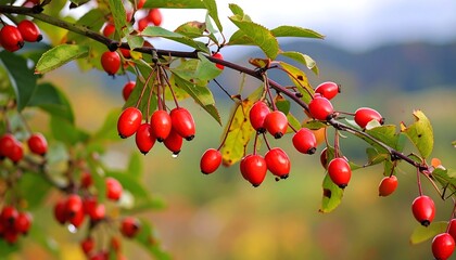 A close-up view showcases a branch laden with vibrant red berries, with a backdrop of soft-focus autumn foliage and distant hills under a cloudy sky. 