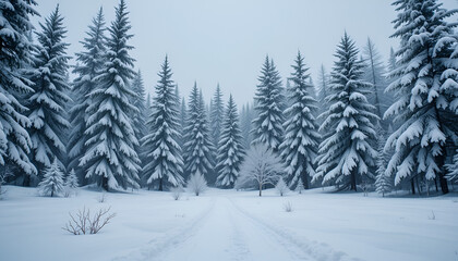 Obraz premium Serene snow-covered pine forest path, inviting exploration and peaceful winter escape