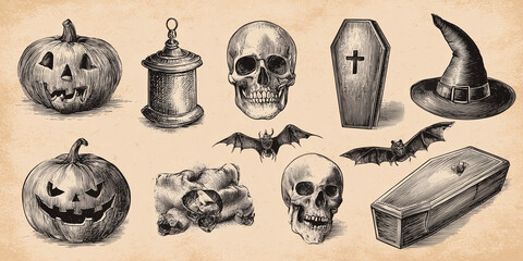 set of vintage halloween engraving or halftone icons,Retro Spooky halloween design elements with pumpkin, skull, ghost, bat, witch hat, and coffin