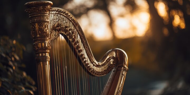 The elegant harp glowing in the warm sunset light.