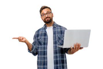 Man holding laptop computer pointing showing presenting advertising here on transparent background
