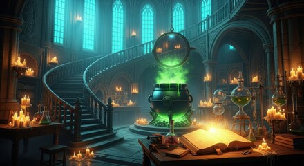 Mystical Alchemy Laboratory with Green Potion Cauldron in Gothic Castle Interior