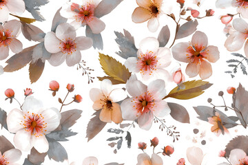 Seamless Watercolor Pattern with Delicate Autumn Flowers and Berries - Botanical Art