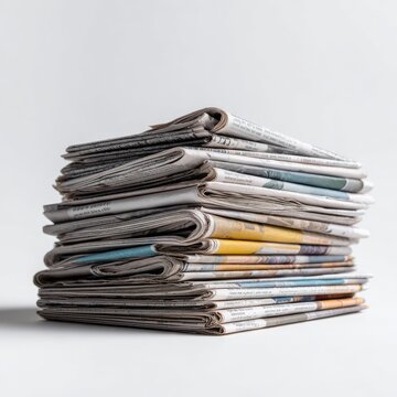 A neatly stacked pile of various newspapers against a plain white background.  The papers show diverse layouts and colors, suggesting a collection over time