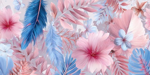Delicate floral and feather design in soft pinks and blues