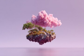 Pink cloud hovering over a floating island with trees