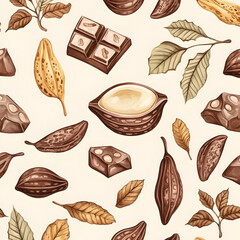 Seamless Food Pattern with Hand-Drawn Cocoa Beans, Leaves, and Chocolate Pieces