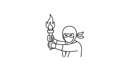 Stylized Line Art of a Ninja Holding a Flaming Torch.
