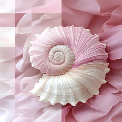 Delicate White and Pink Spiral Seashell Resting on Soft Pink Flower Petals - Macro
