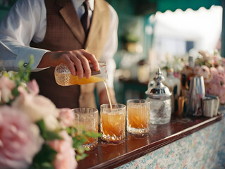 Bartender Pouring Cocktails into a Row of Glasses at an Elegant Outdoor Bar