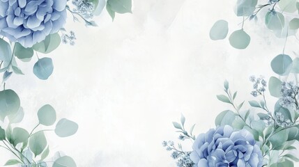 33.A soft, romantic design featuring dusty blue flowers, including roses and hydrangeas, elegantly framed by intricate vector borders. The delicate watercolor strokes and lush eucalyptus branches