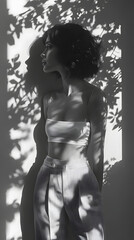 Artistic Black and White Photo of a Woman's Shadow Cast by Leaves on a Wall