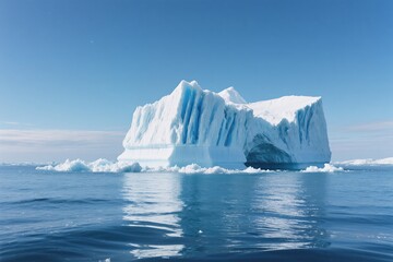 A stunning and majestic iceberg is beautifully contrasted against a clear blue sky and tranquil azure waters